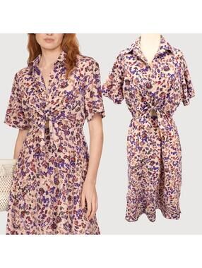 Thakoon Floral Tie Front Midi Dress Cotton Silk Peach S